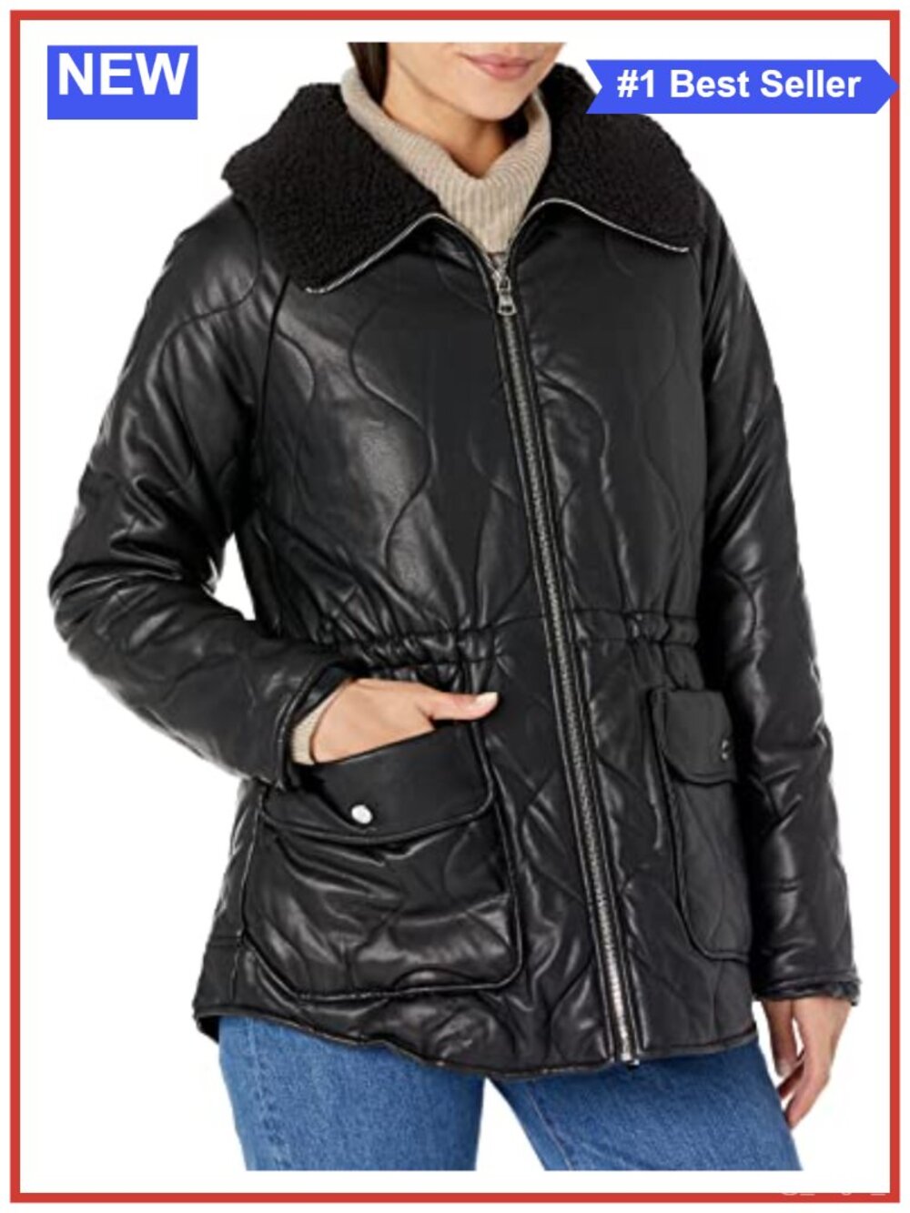 Quilted Faux Fur Trim Anorak Jacket Faux Leather Belted Long Sleeve